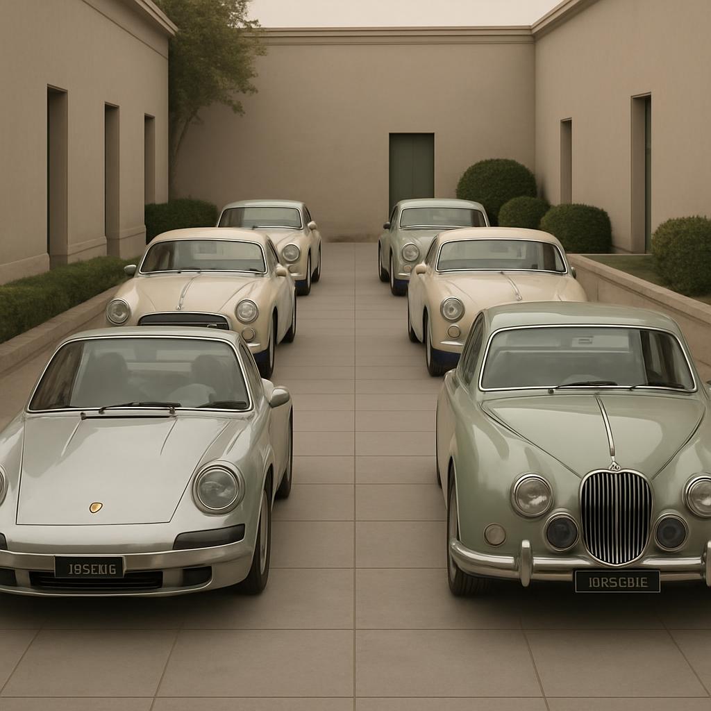 A collection of classic sports cars displayed in a modern courtyard with a wide, tiled driveway.