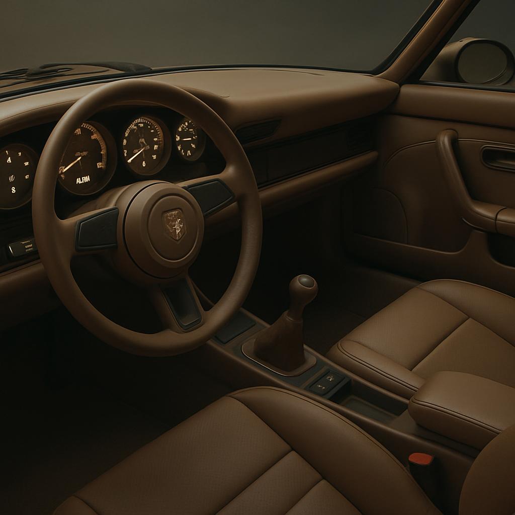 The interior of a Porsche car, with a brown surround and leather seats, featuring a gear stick towards the floor bordering...